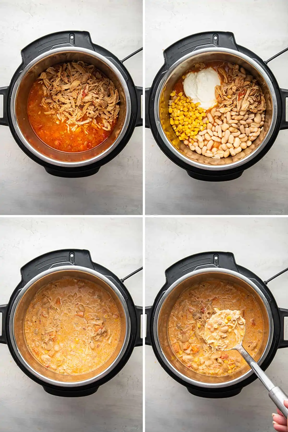 Four pictures: an Instant Pot with shredded chicken on top of chili; an Instant Pot with beans, corn, and sour cream on top of chili; finished white chicken chili in an Instant Pot; and a spoon holding a spoonful of white chicken chili above an Instant Pot