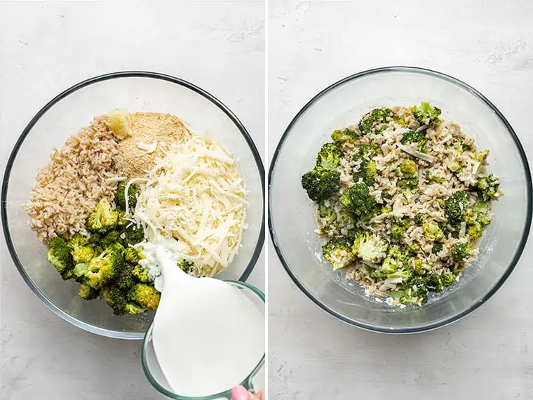 Broccoli casserole ingredients in a bowl