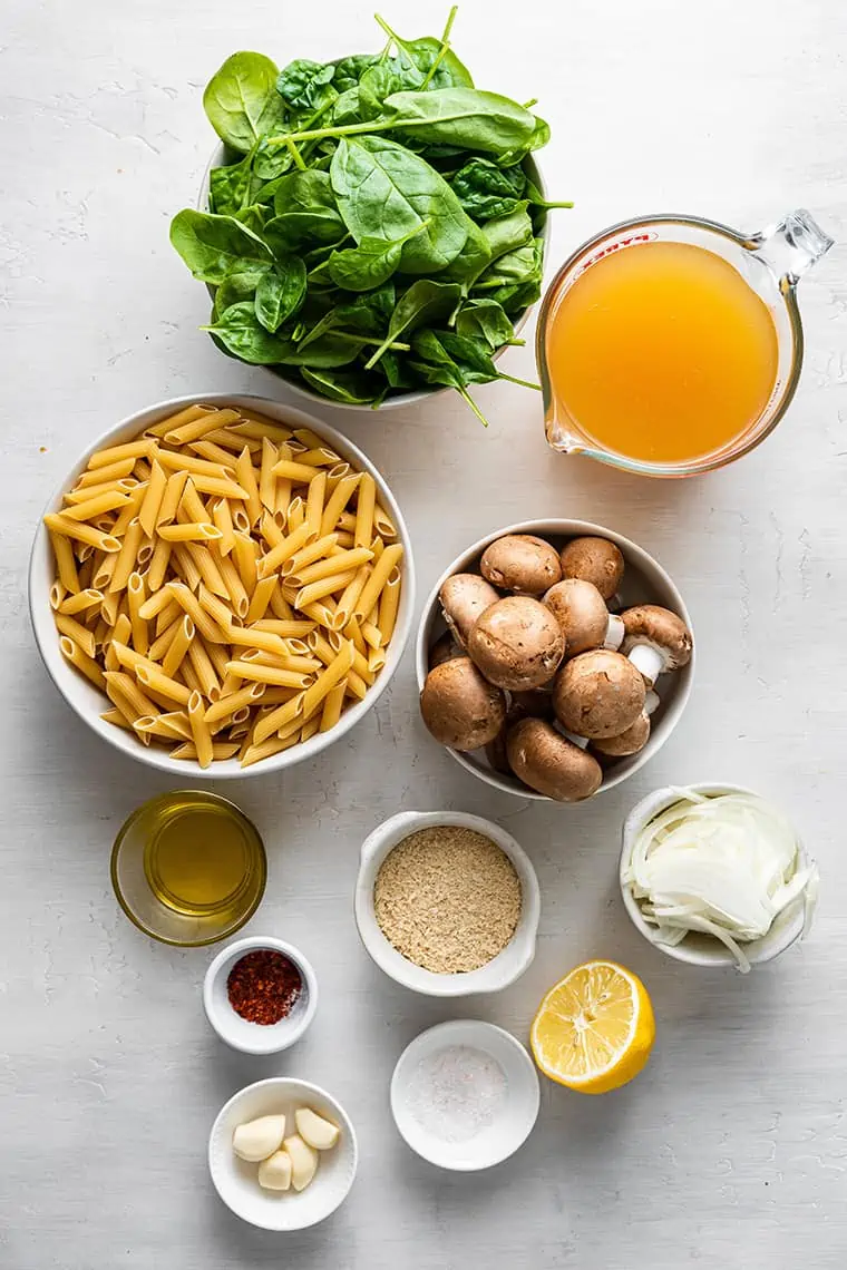 ingredients for pasta with mushrooms and spinach