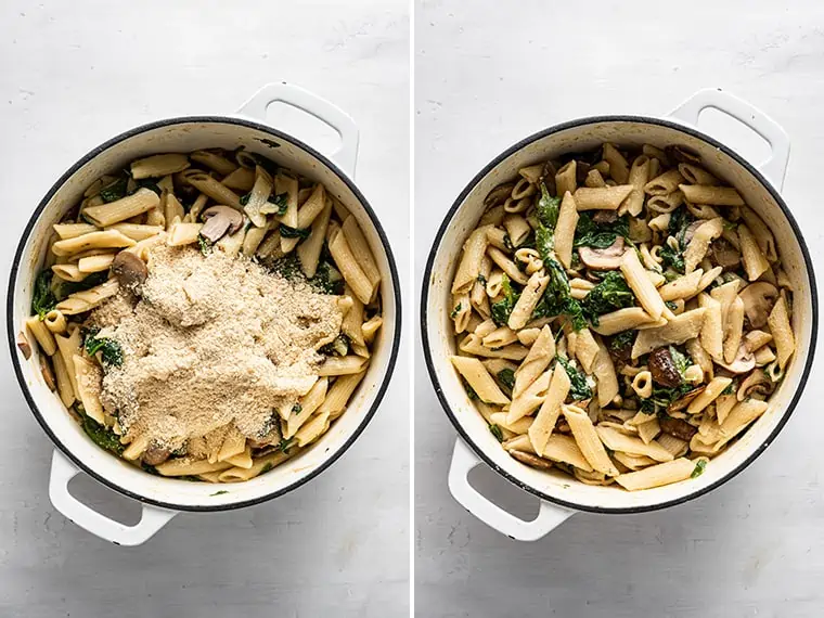 stirring vegan cheese into mushroom pasta