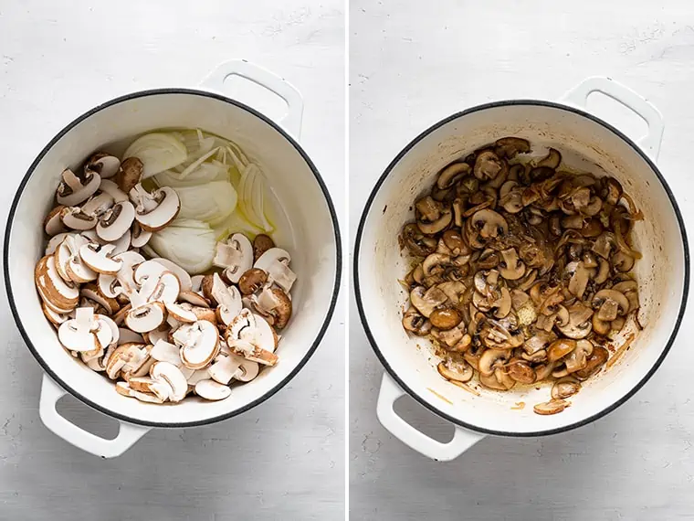collage of mushrooms and onions before and after cooking