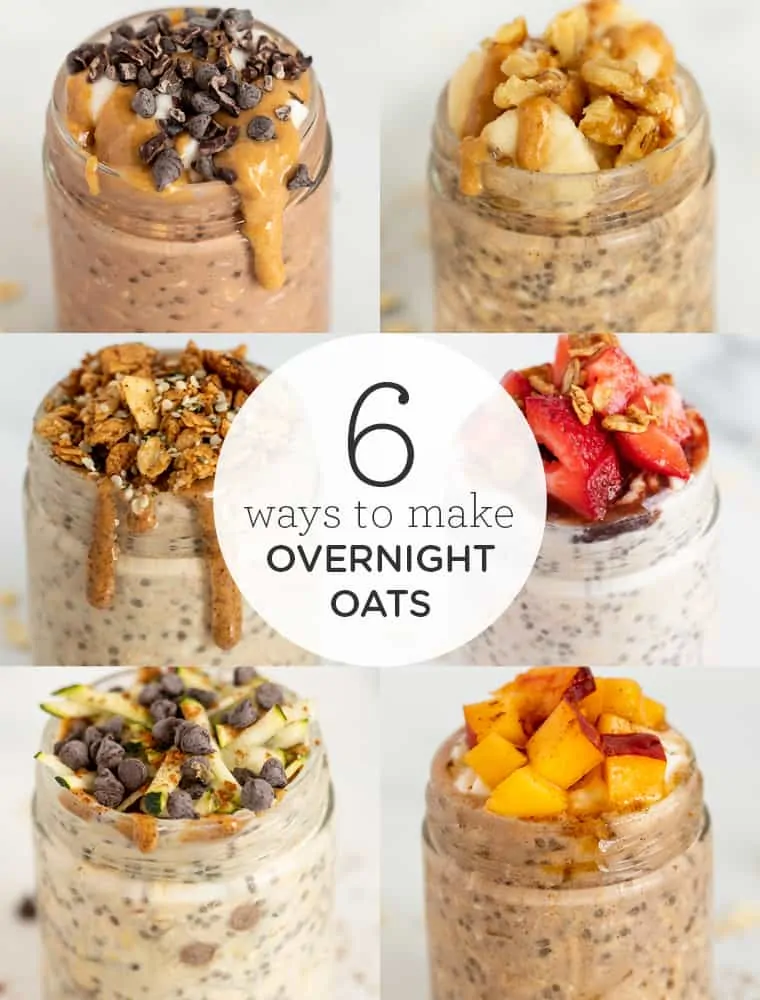 A collage showing 6 different varieties of overnight oats in mason jars