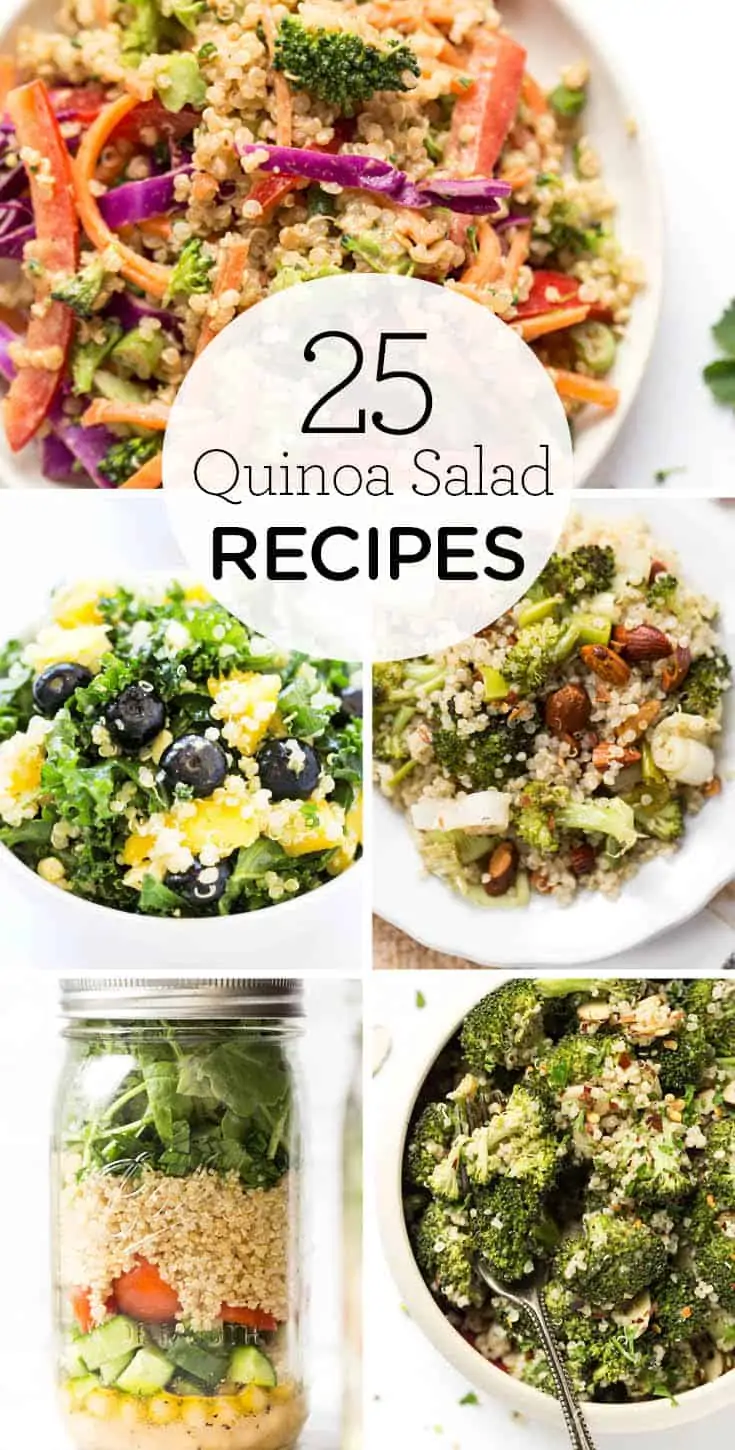 A poster with five pictures of quinoa salad: one with bell peppers, cabbage, and broccoli; one with kale, blueberries, and mango; one with leeks, broccoli, and almonds, one with broccoli, and one in a mason jar with spinach, tomatoes, cucumber, and chickpeas, with a banner that reads "25 Quinoa Salad Recipes"
