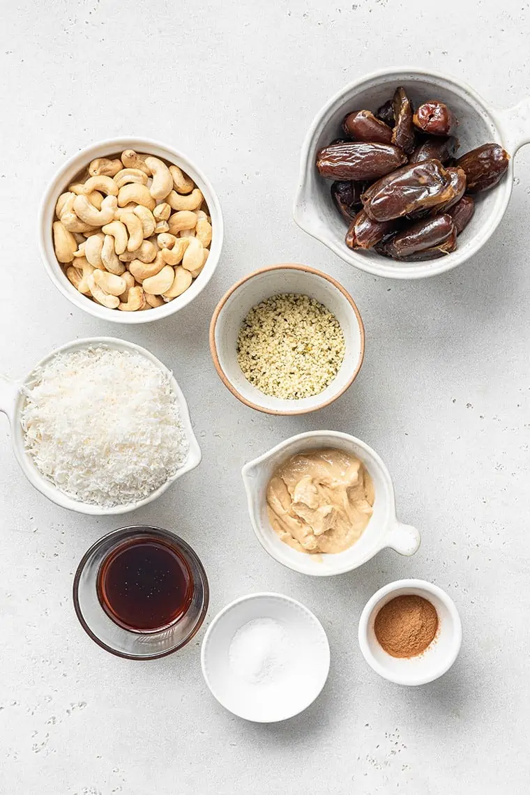 ingredients for energy bites with cashews, dates and coconut
