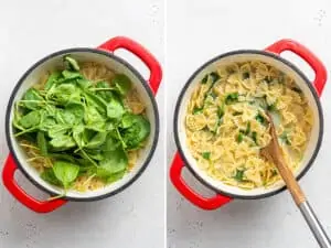 collage of a pot cooking bow tie pasta with spinach