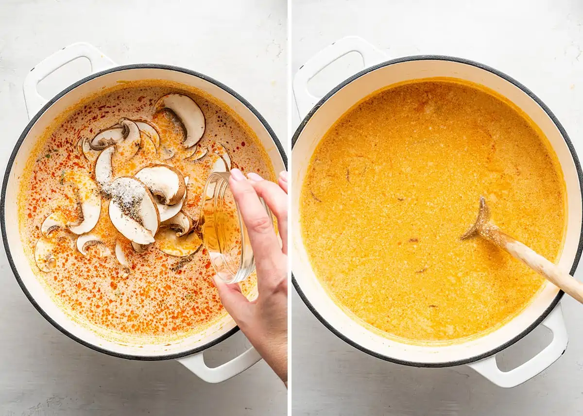 Side by side of a pot of soup with mushrooms on top, and a hand pouring fish oil into it, next to a pot of curry soup, with a spoon in it