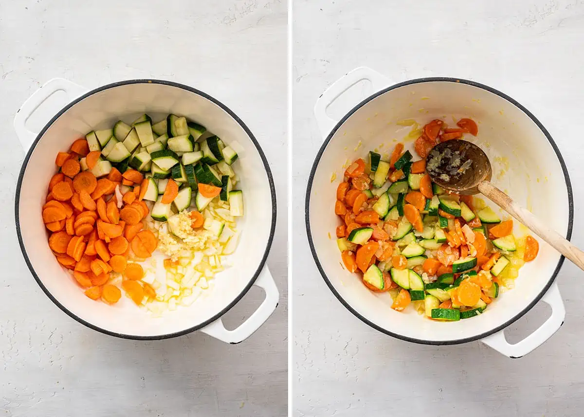 Side by side overhead view of zucchini, carrots, onion, and garlic in a pot, raw in one picture and cooked in the other