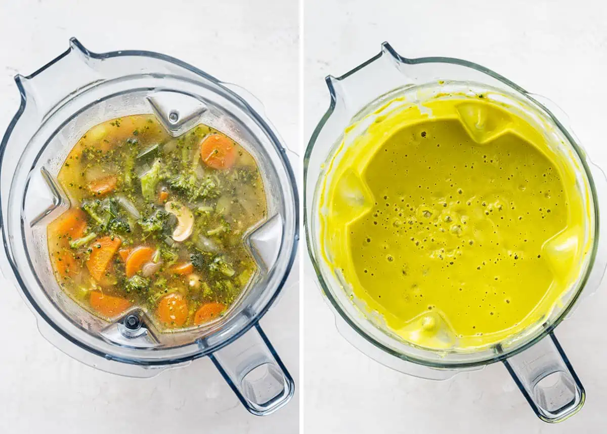 Side by side overhead views of broccoli soup in a blender, one before being blended and one after