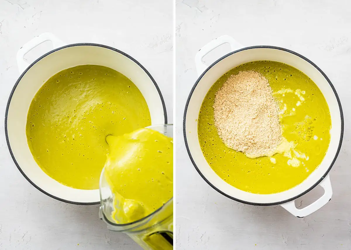 Side by side of broccoli soup being poured from a blender into a pot, and a pile of nutritional yeast sitting on top of the soup in the pot