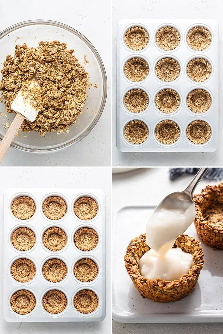 collage of the steps to make oatmeal cups in a muffin tin