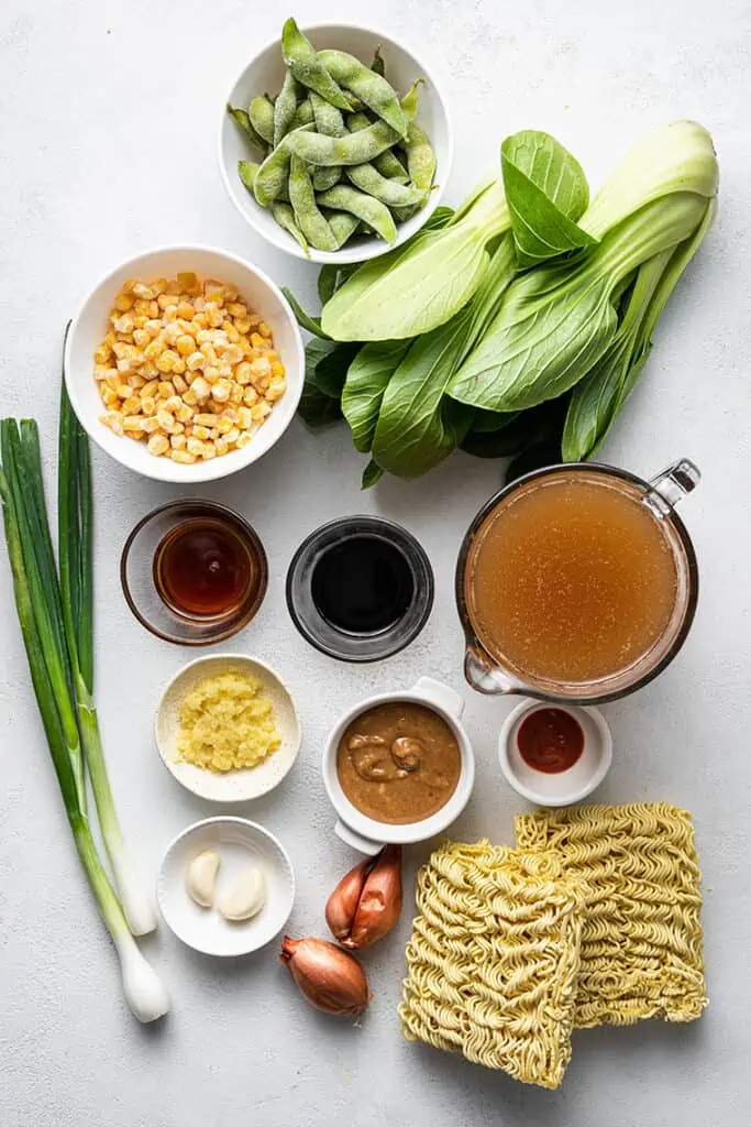 Overhead view of vegan ramen ingredients
