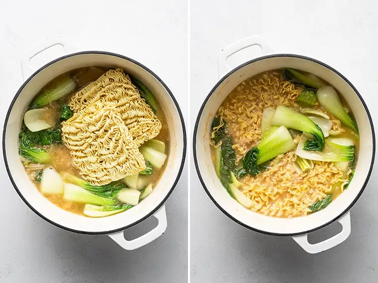 Two photos of cooking ramen noodles in vegan miso broth