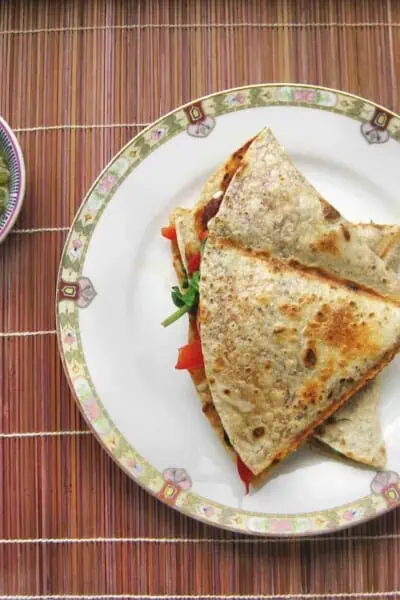 Vegan Red Pepper Spinach Quesadilla on a plate